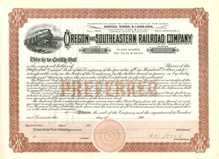 Oregon and Southeastern Railroad Co. - Unissued Stock Certificate